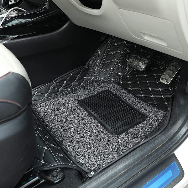 7D Leather Grass Mat Custom Fitted Car Mats Compatible with Hyundai Alcazar 7 Seater Black