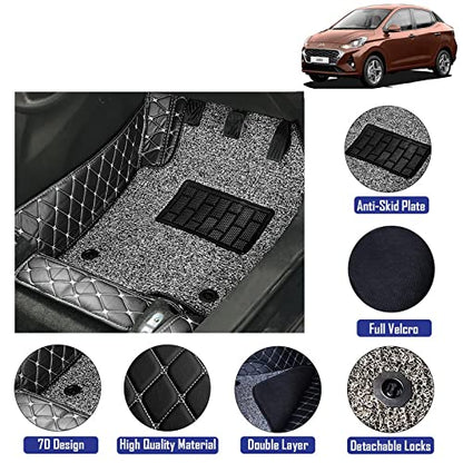 Coozo 7D Leather Grass Mat Custom Fitted Car Mats Compatible with Hyundai Aura Model Year 2020 Onwards Black