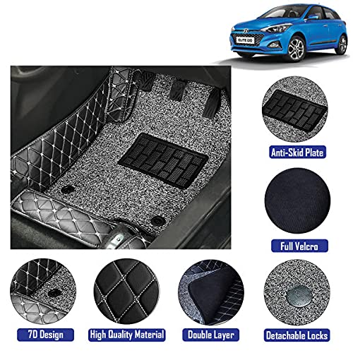 7D Leather Grass Mat Custom Fitted Car Mats Compatible with Hyundai Elite I20 Model Year 2018 to 2020 Black