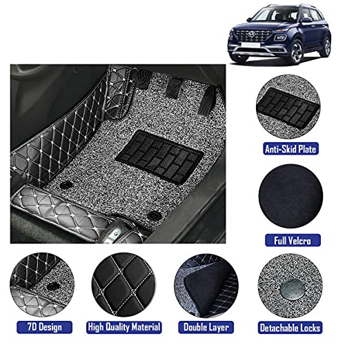 Coozo 7D Leather Grass Mat Custom Fitted Car Mats Compatible with Hyundai Venue Model Year 2019 Onwards Black