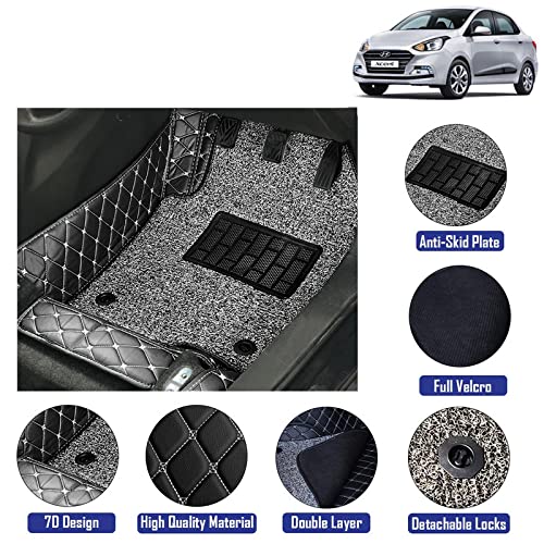 7D Leather Grass Mat Custom Fitted Car Mats Compatible with Hyundai Xcent Model Year 2017 Onwards Black