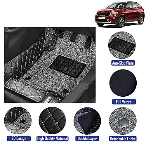 7D Leather Grass Mat Custom Fitted Car Mats Compatible with Kia Sonet, Model Year 2020 Onwards Black