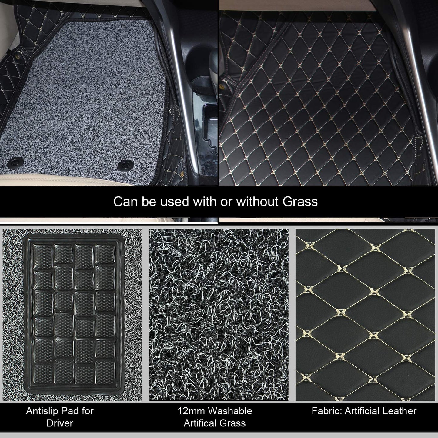 7D Leather Grass Mat Custom Fitted Car Mats Compatible with Maruti Suzuki XL6 Black