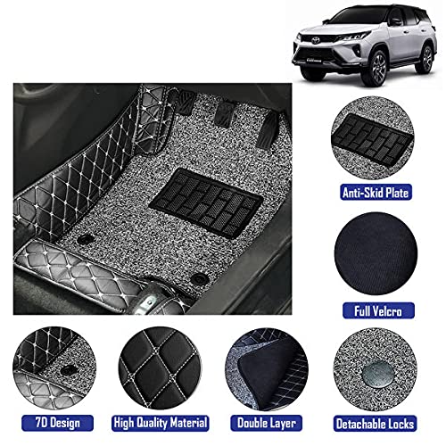Coozo 7D Leather Grass Mat Custom Fitted Car Mats Compatible with Toyota Fortuner Model Year 2021 Onwards Black