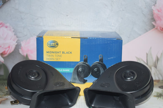 Hella Midnight Black Trumpet Horn Set For Cars & Two Wheelers - Set of 2 (High & Low Tone)