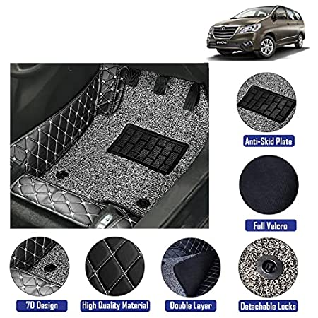Coozo 7D Leather Grass Mat Custom Fitted Car Mats Compatible with Toyota Innova 7 Seater, Model Year : 2004-2015 Black